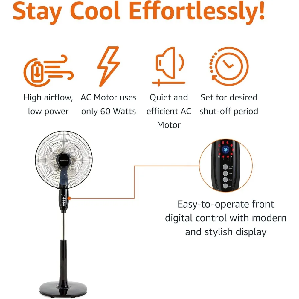 مروحة بقاعدة 16 بوصة مع جهاز تحكم عن بعد، مروحة أرضية، مروحة قائمة لغرفة النوم، مكتب، مع 3 سرعات، 3 أوضاع، مؤقت، 60 وات، أسود