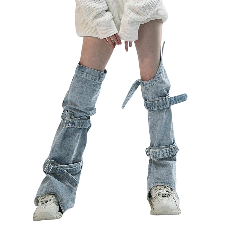 Women s Y2K Denim Leg Warmers 80s Knee High Harajuku Buckle Jean Socks Punk Gothic Leg Cover Stockings Streetwear