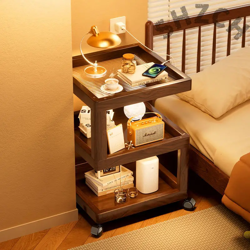 Geometric 3-Tier Bamboo Storage Side Table with Acrylic Surface & Wheels, Tea Brown Living Bedroom Furniture
