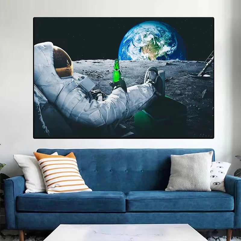 Modern Beer Outer Space Earth Astronauts Moon Painting on Canvas Posters Prints Wall Art Pictures for Living Room Decor Cuadros