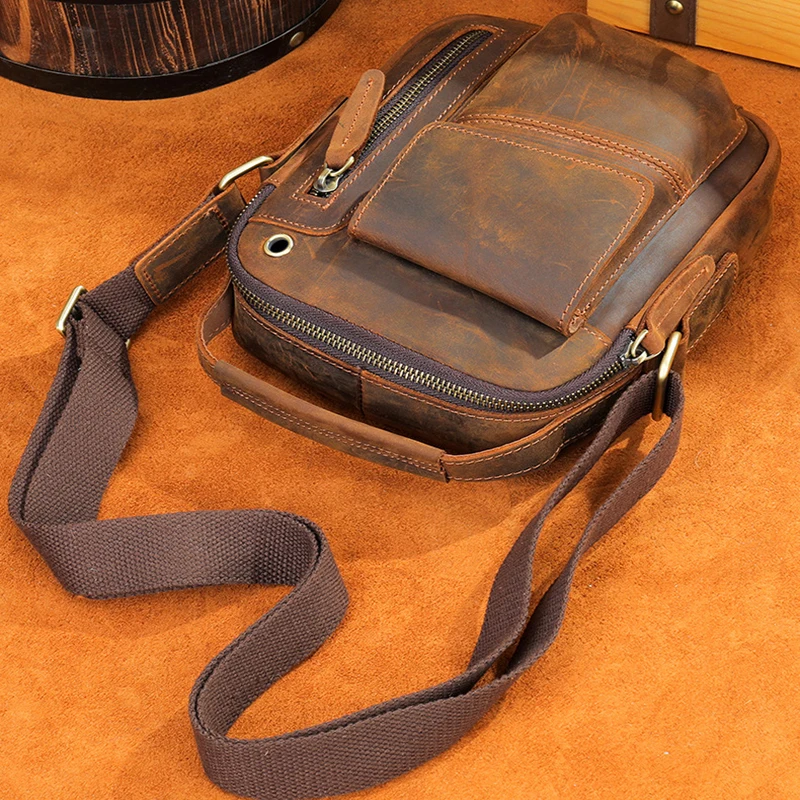 Crazy Horse Leather Men's Bag Genuine Leather Men's Shoulder Bag High Grade Phone Small Bag Earphone Hole Small Crossbody Bag