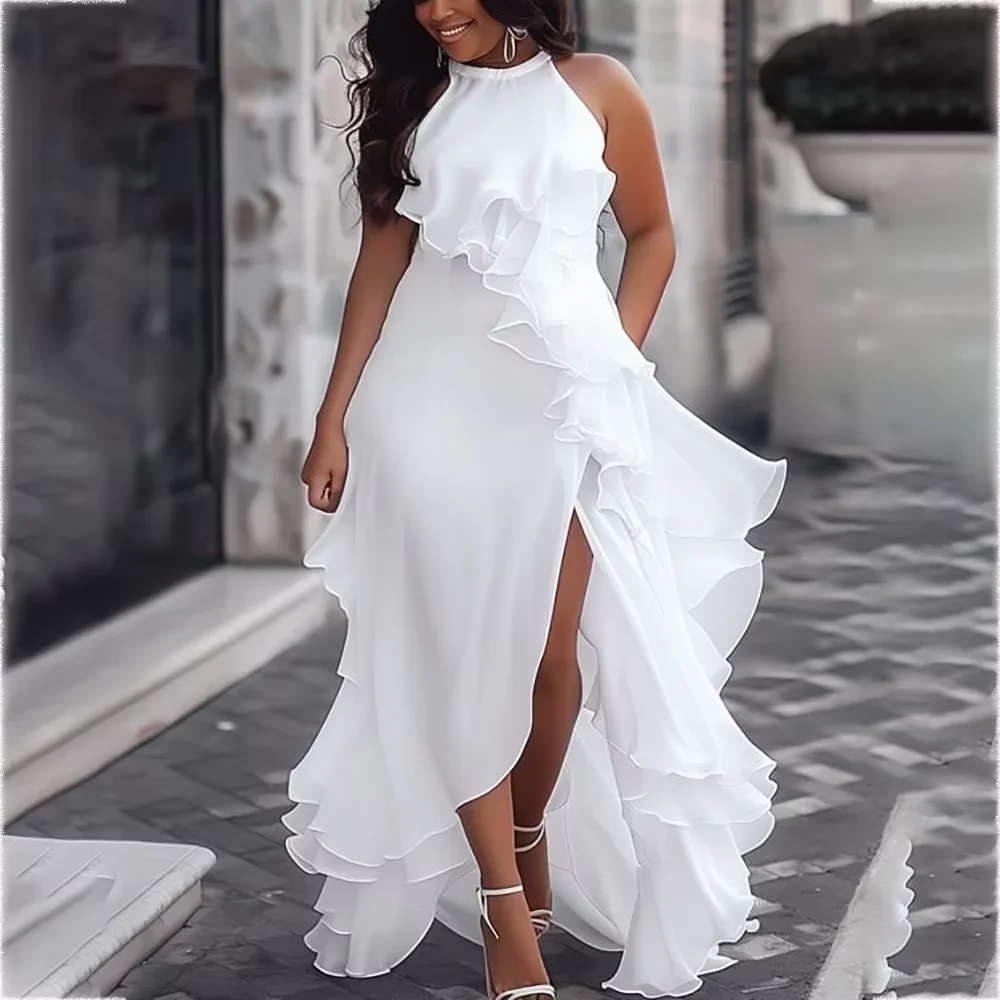 

White Chiffon Women Prom Dresses Ruffles Halter Sleeveless A-Line Simple Modern Banquet Evening Gown Formal Party Elegant