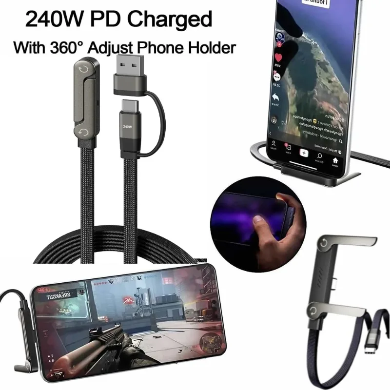 Sideways Phone Charger,Invisible Stand Charging Cable,Built in Phone Stand Charging Cord with Folding Phone Stand 2-in-1 Holder