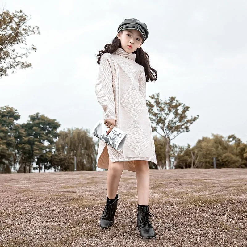 2025 New Stylish Girl Big Kids Long Over The Knee Turtleneck Sweater Dress One Piece Autumn Winter