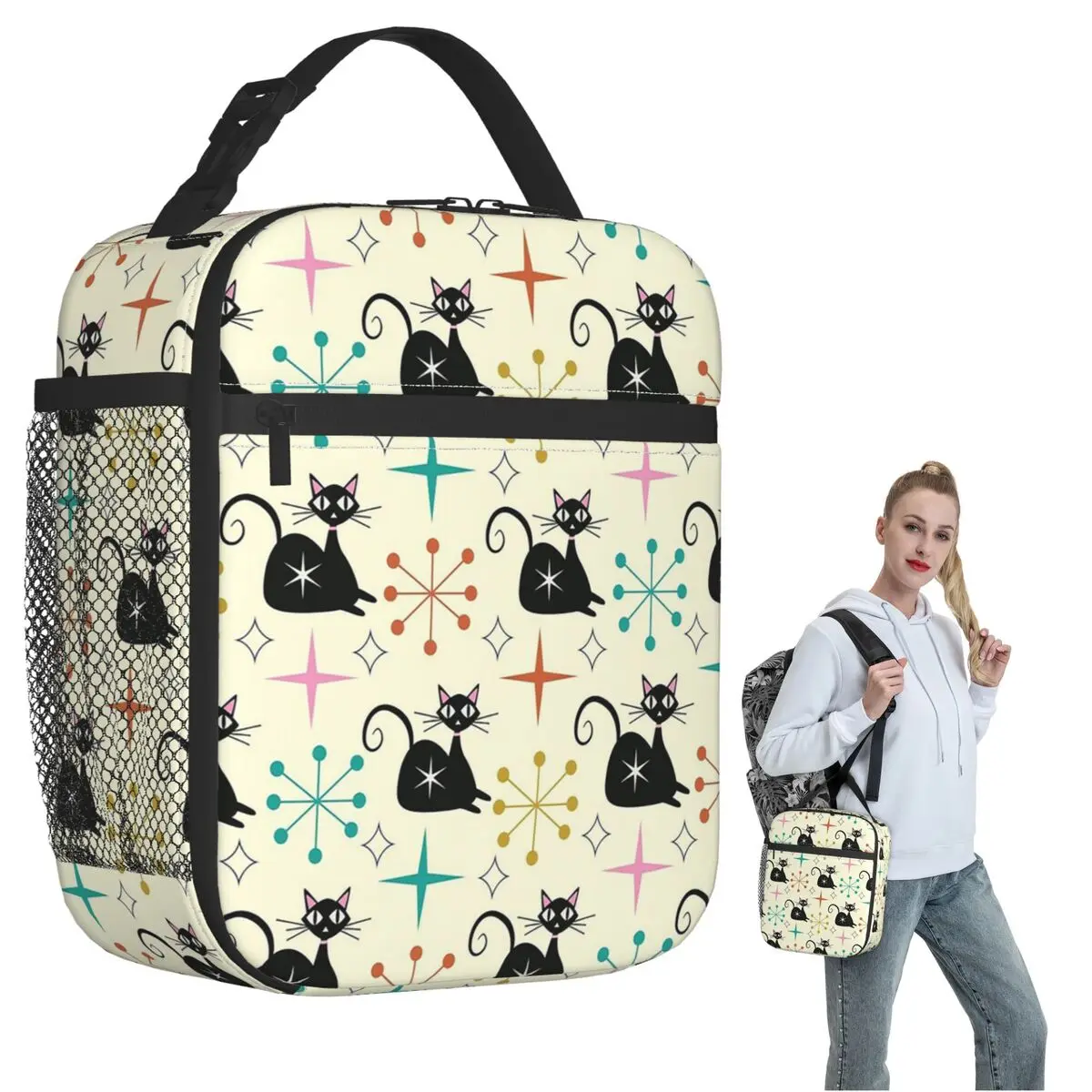 Mid Century Black Atomic Cat With Starbursts Insulated Lunch Bag for Women Kids Leakproof Food Boxes Thermal Lunch Box Tote