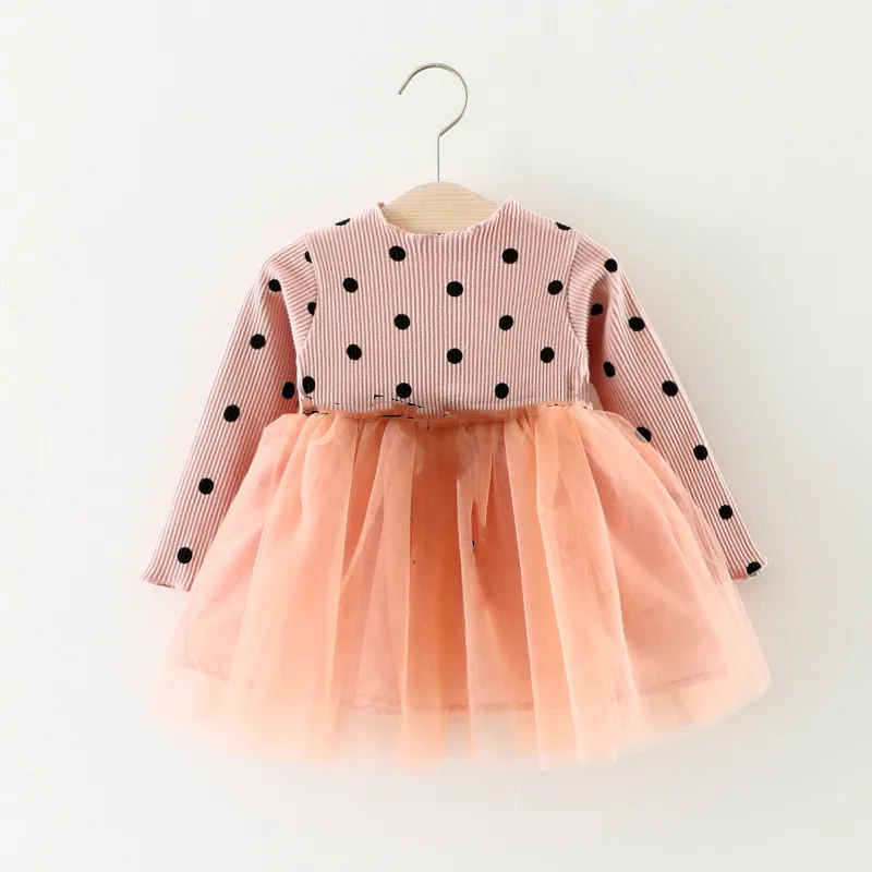 Long-sleeve Baby Kids Lace Dresses for Girls Polka Dot Splicing Yarn Princess Dress 2026 New Spring Autumn Children's Clothing
