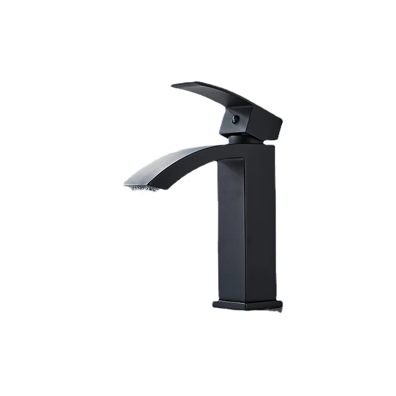 

Hot and Cold Water Sink Basin Faucet Black Lacquered Copper Bottom Curved Single Hole Basin Faucet