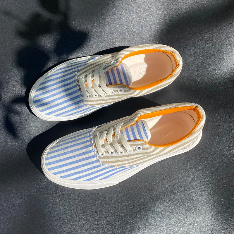 Summer Breathable Versatile Blue and White Striped Shoes for Men, Thick-Soled Couple Fashion Sneakers, Low-Top Casual Shoes, Canvas Shoes for Both Men and Women
