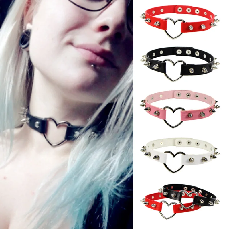 Gothic Harajuku Choker Necklace for Women Punk Sexy Rivets Clavicle Chain Around Neck PU Leather Love Pendant Jewelry 2023 Gift