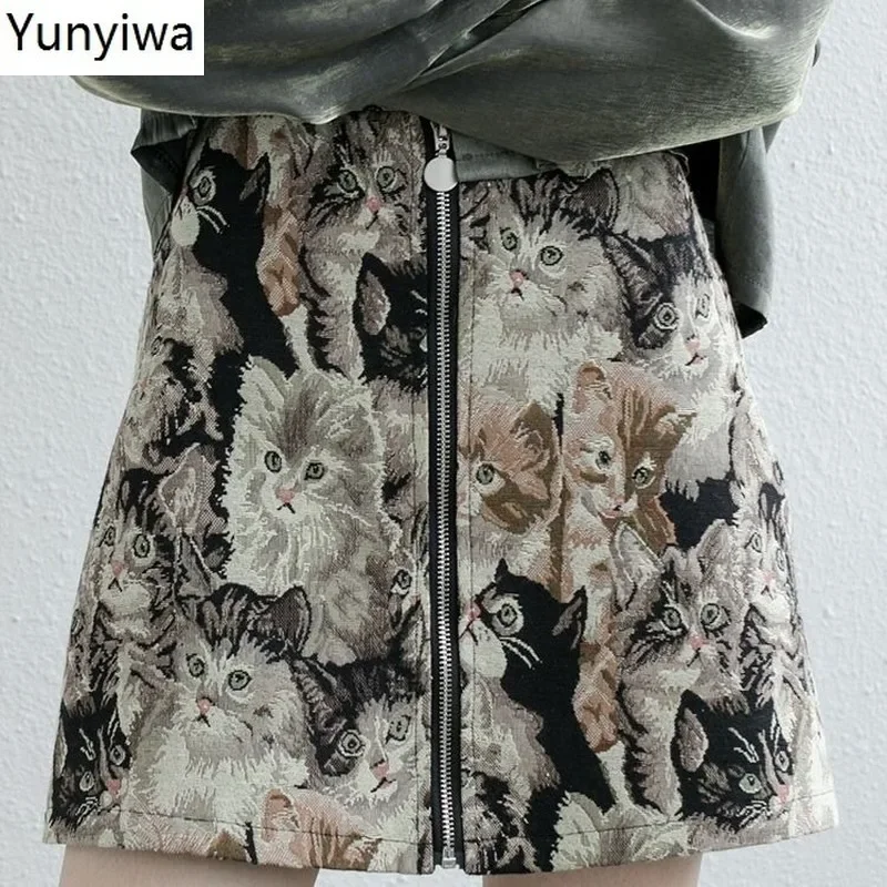 Fashion High Waist Hip A Line Skirt Retro Cat Embroidery Print Jupe Femme Autumn Spring Outwear Zipper Faldas Mujer 48683