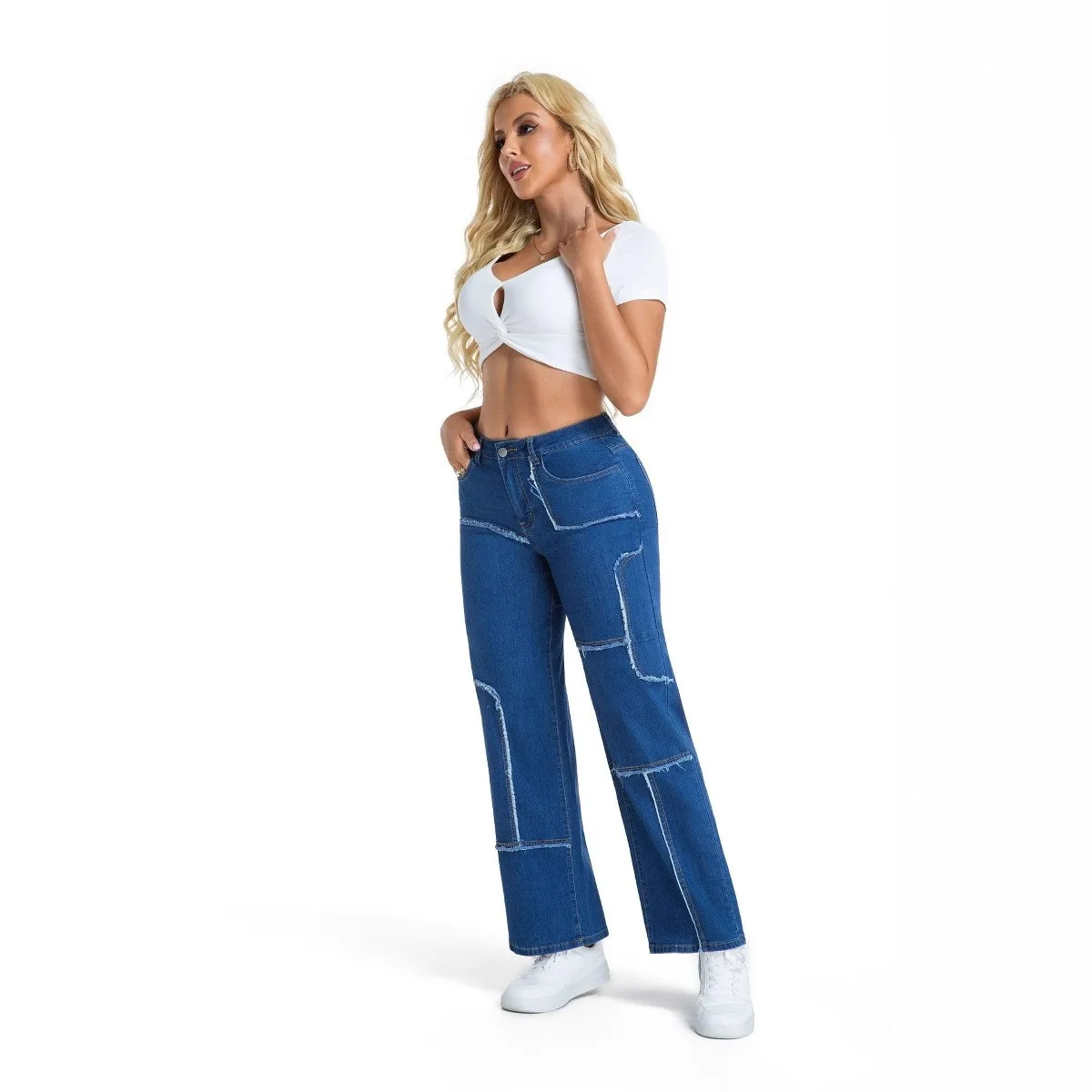 Women's Baggy Mid Waist Wide Leg Straight Leg Long Cotton Solid Color Patchwork Casual Jeans with Distressed Hem and Contrast