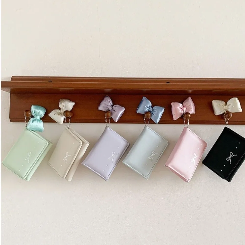 Sweet Pendant Bow Wallet Korean Style Solid Color Short Wallet Foldable Multi-functional Mini Card Holder Outdoor