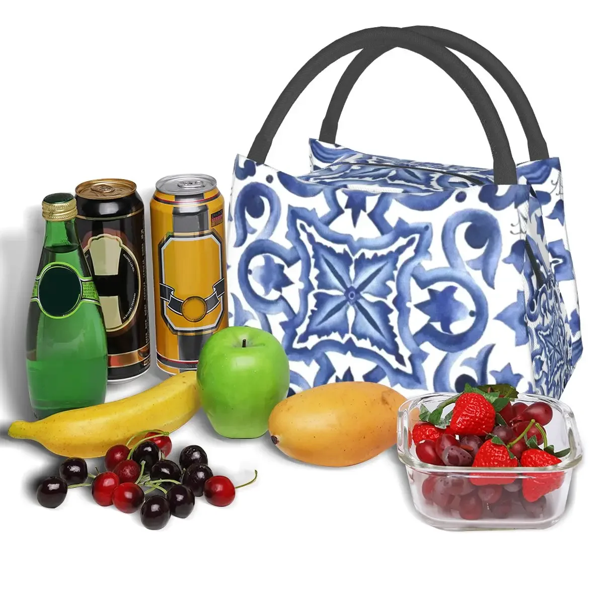 Borse per il pranzo in piastrelle siciliane mediterranee floreali ornate blu Borsa per il pranzo portatile Bento Box isolata per la scuola dei