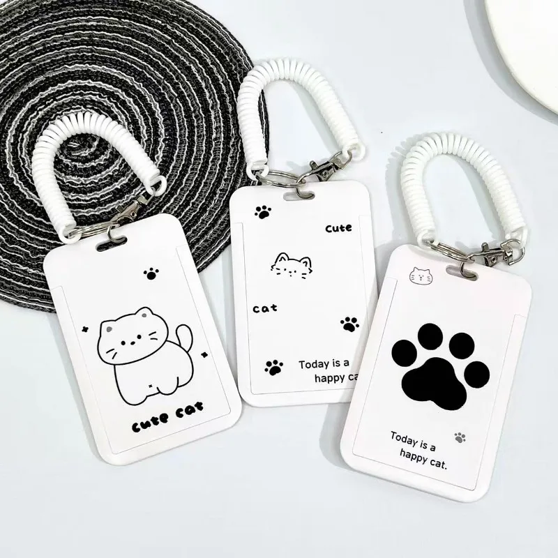 

Minimalist Cat ABS Kpop Photocard Card Case with Slide Cover Campus ID Holder with Short Pendant Cute Student Card Protector