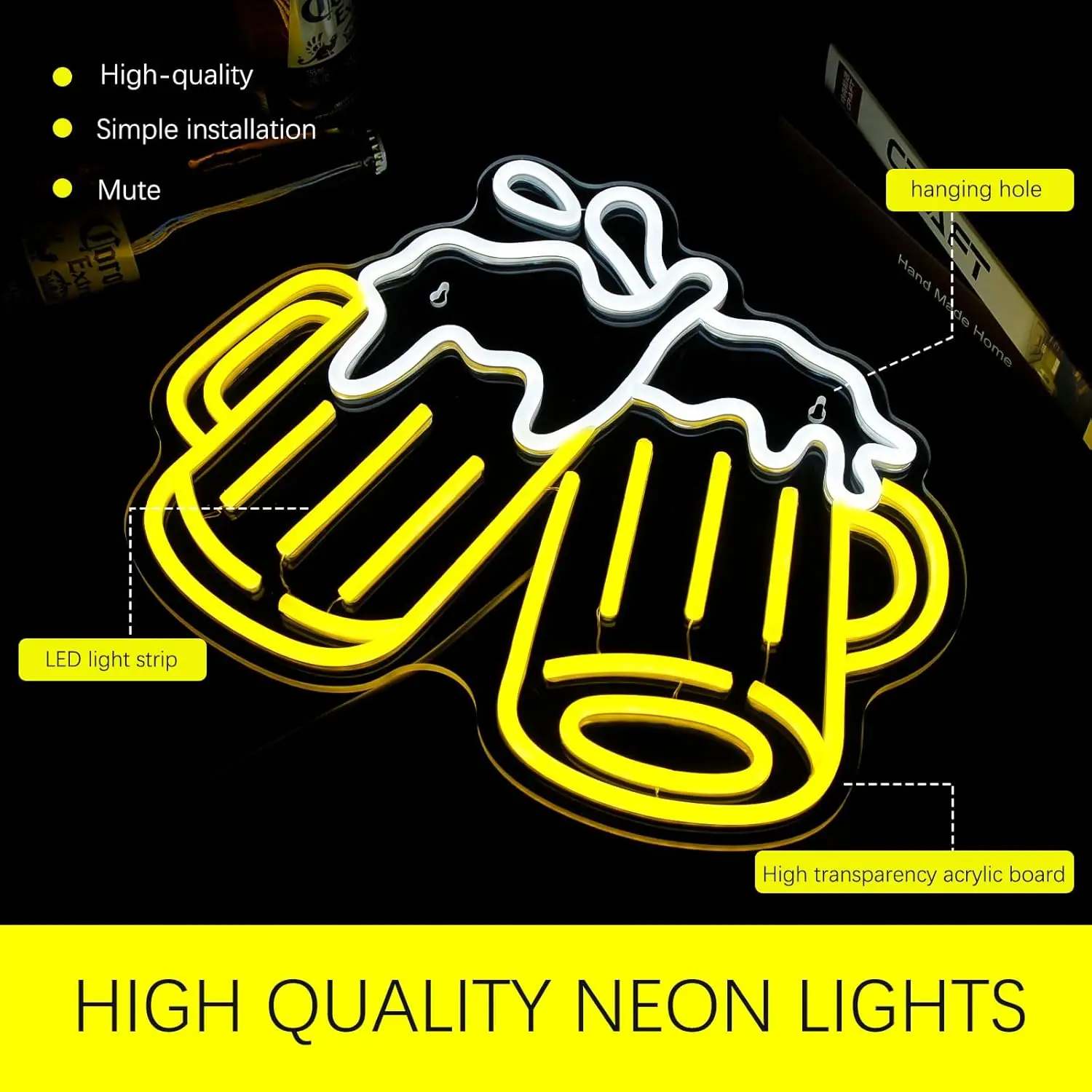 Dimmable Beer Neon Sign for Wall Decor, USB Powered LED Bar Sign for Man Cave, Pub, Club, Hotel, Bedroom & Party