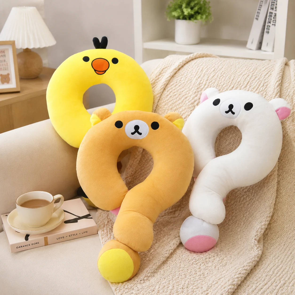 Pillow Bear Rilakkuma Cushion Soft Cartoon Question Mark Neck Travel Headrest Sofa Office Nap Sleep Cushion Gift For Kids Adults