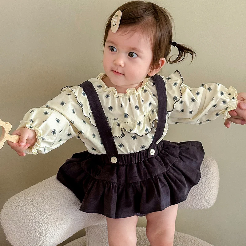 2026 ربيع جديد طفل رضيع فتاة الملابس دعوى طويلة الأكمام القطن قميص مطبوع بلون بذلة الرضع ملابس الطفل مجموعة
