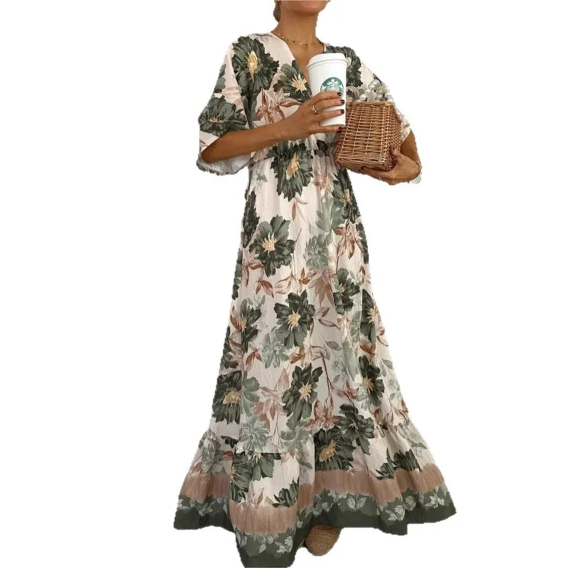 Elegante schicke lange Kleider mit Blumendruck, Boho-Mode, V-Ausschnitt, Drehärmel, elastisch, hohe Taille, Urlaubs-Partykleid, Herbst 2025, Herbst