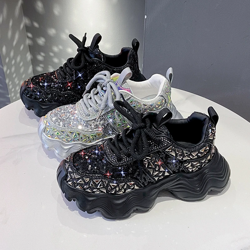 Women's Shiny Rhinestones Shoes Summer Breathable Mesh Casual Sneakers Women's Sport Shoes Platform Luxury Shoes Zapatos Mujer