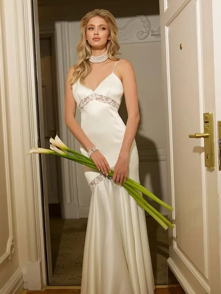 Women Elegant Satin Fishtail Sling Maxi Dress Chic Lace Patchwork Backless V-neck Sleeveless Slim Gowns 2025 Evening Party Robes