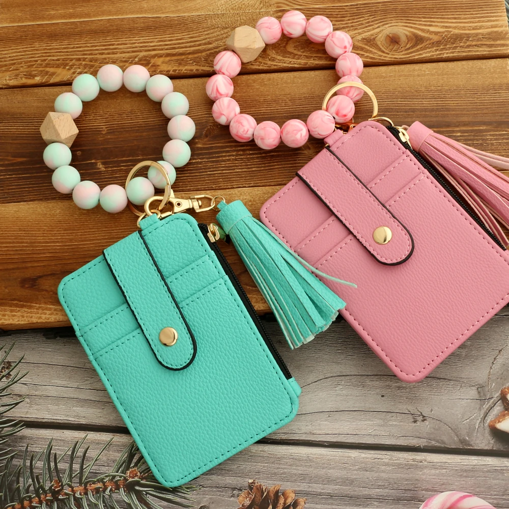 2023 Fashion multifunctional Pattern Credit Card Bag Pu Leather Coin Purse Women Silicone Bead Bangle Keychain