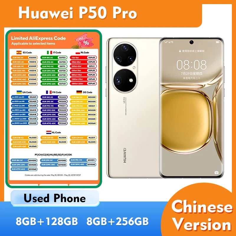 Huawei P50 Pro 4G 128GB 256GB ROM Smartphone 6.6 pulgadas 2700x1228px 4360mAh HarmonyOS Teléfono Usado