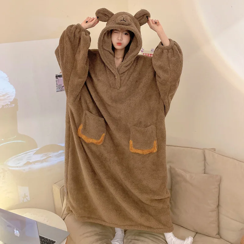 

Милый коралловый бархатный халат Kapibala, женская зимняя толстовка с капюшоном большого размера, плюшевая теплая пижама, домашняя одежда