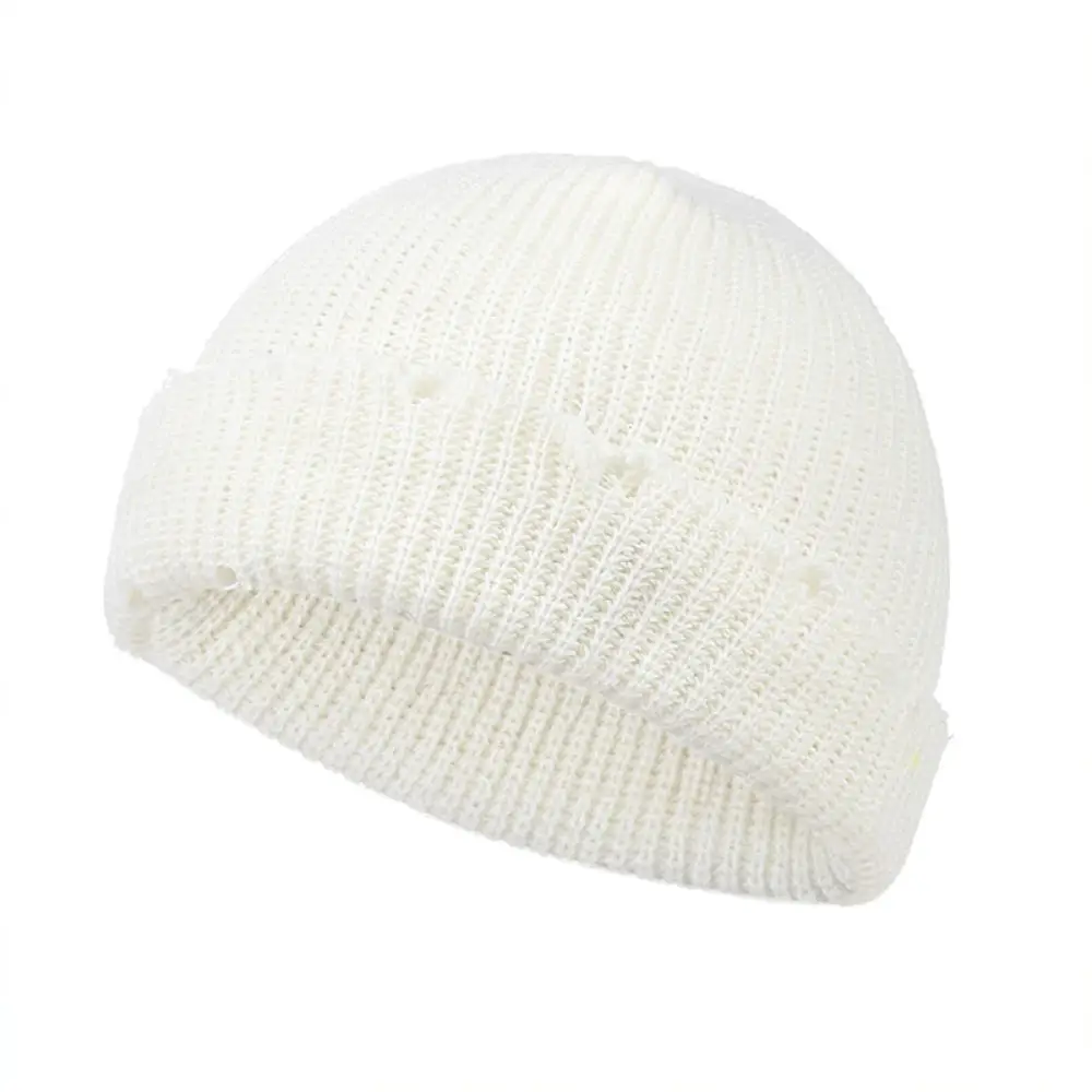 Fashionable Winter Knitted Beanie Cap Unisex Distressed Pin Style Folded Cuff Warm Soft Acrylic Streetwear Daily Hat