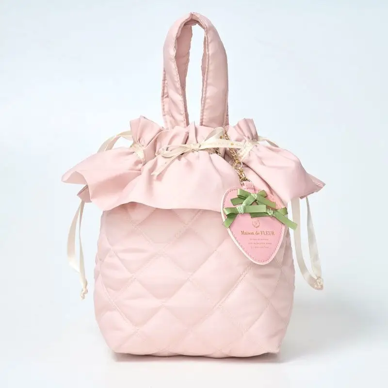 

Japanese Sweet Cute Pink Bow Bucket Bag Women Diamond Lattice Stitching Flounce Drawstring Handbag Kawaii Strawberry Charm Purse