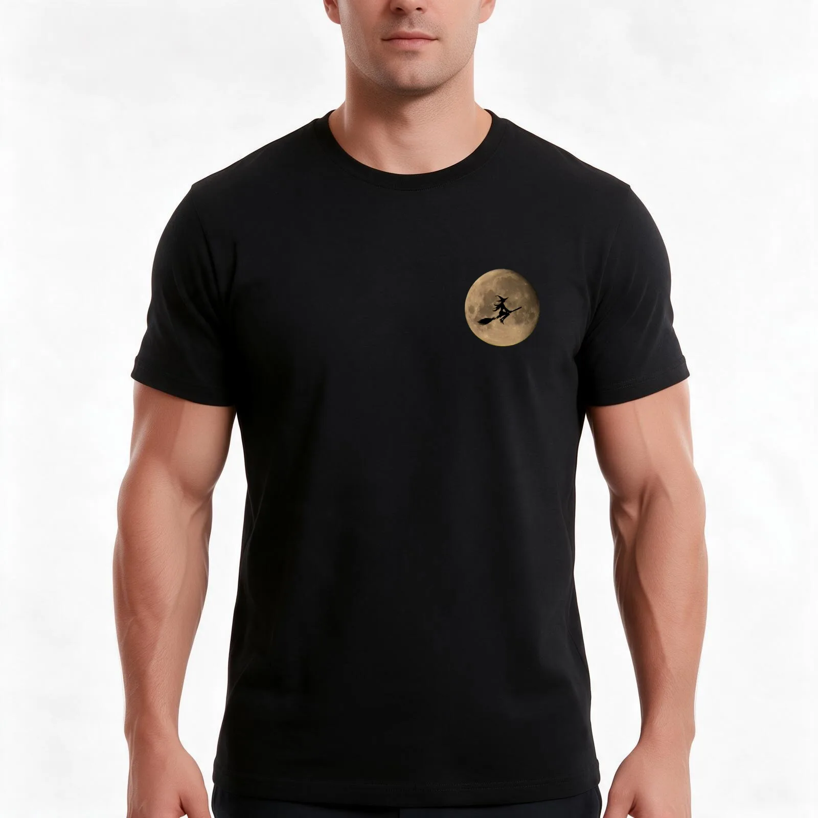 A witch flying over moon T-Shirt, Summer Casual Cotton Tee, Oversized Streetwear Tops, Vintage Graphic Print, Unisex Men Women