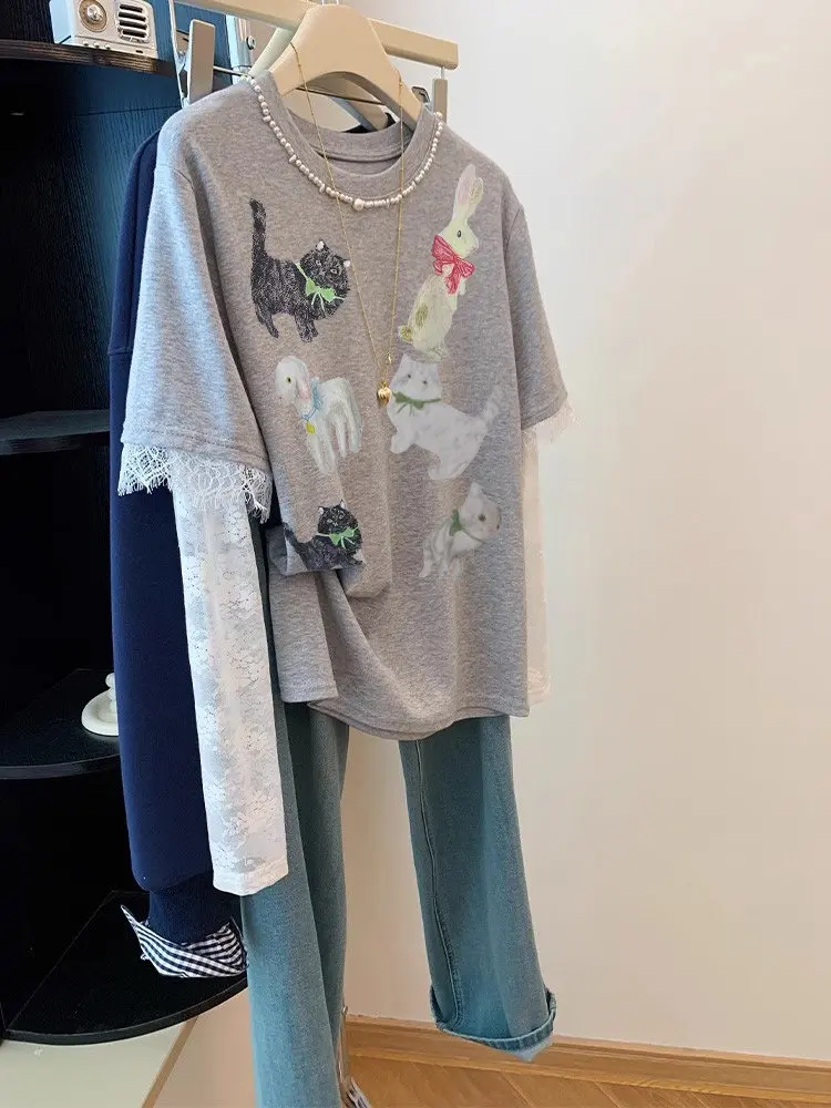 

Retro American Design Ele Fake Two-Piece Long Sve T-irt ex Spring Autumn Fun Print Loose Age-Defng Top