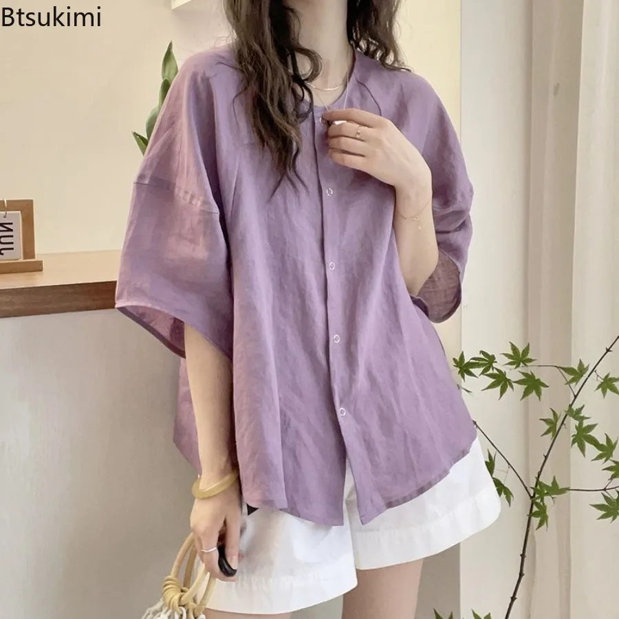 Women Dopamine Shirts Casual Loose Solid Plus Size Tops Holiday Summer Short Sleeve Fashion Blouse Vintage Round Neck Blouse