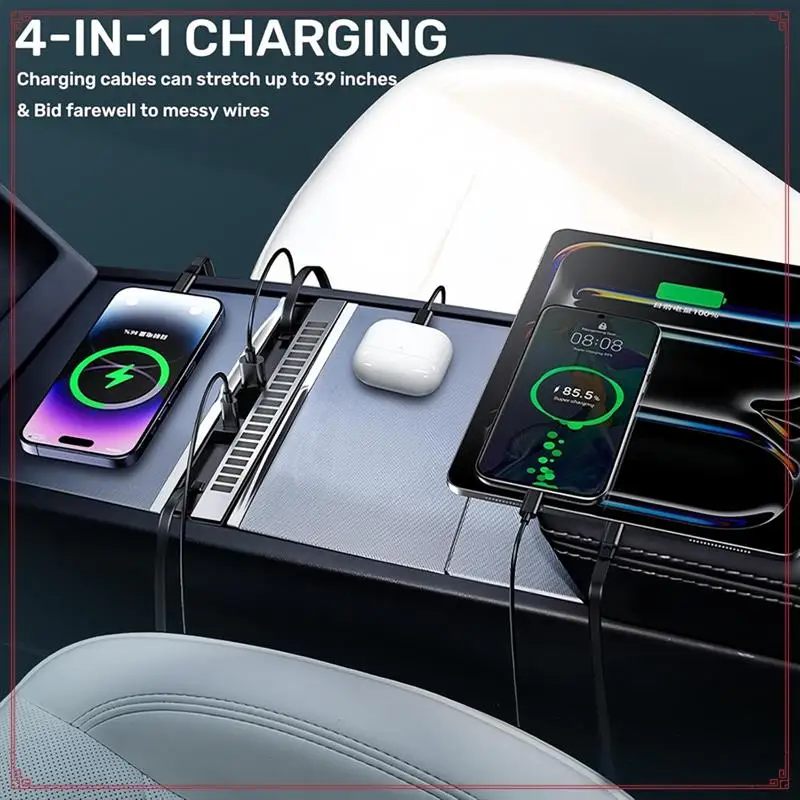 محطة إرساء RGB ضوء USB Hub ل تسلا نموذج Y Juniper نموذج 3 هايلاند 2025 متعدد المنافذ شاحن كابل قابل للسحب #3