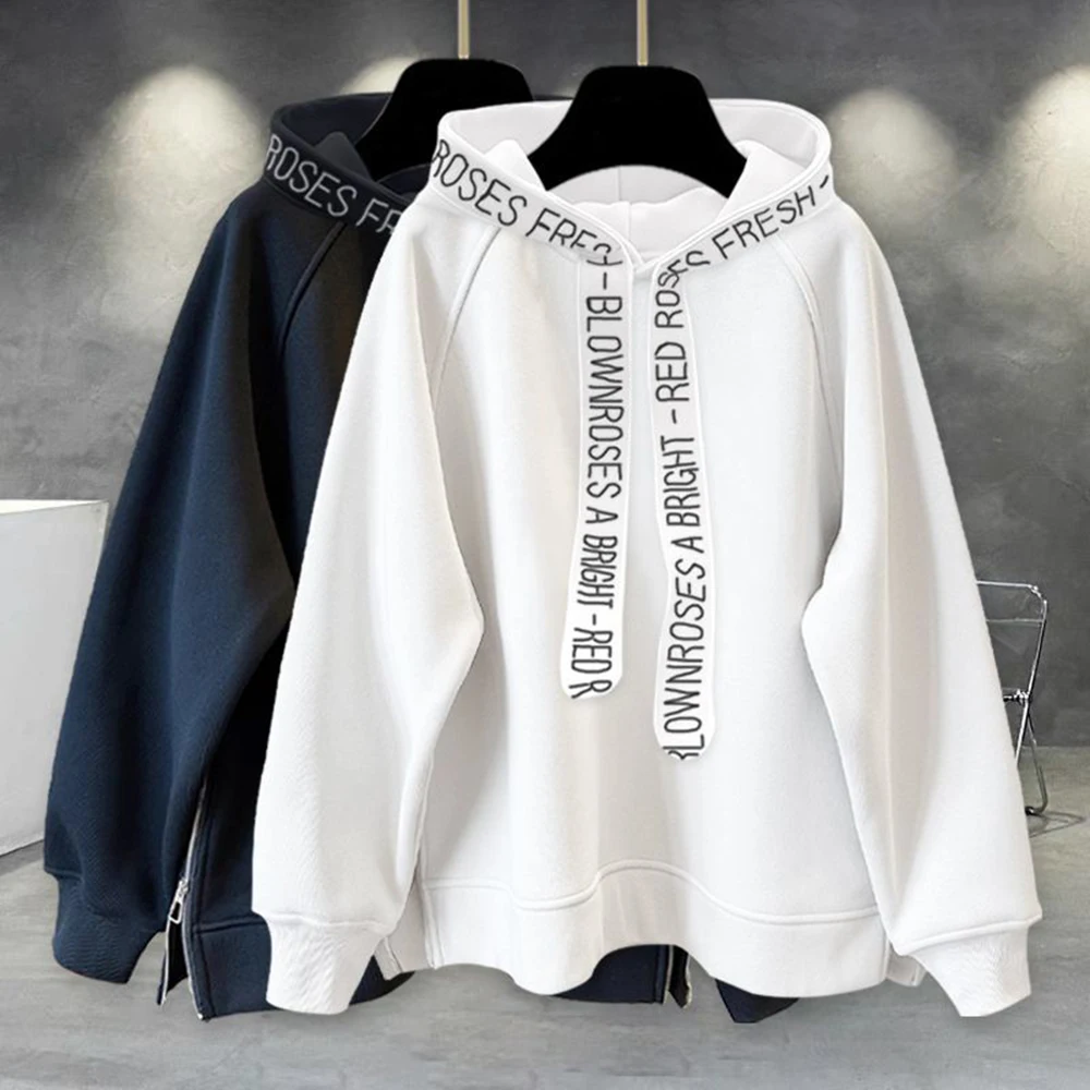 Zipper Slit Design Hooded Sweatshirt Mens Autumn Winter Korean Version Fashion Letter Printing Student Loose Pullover Jacket