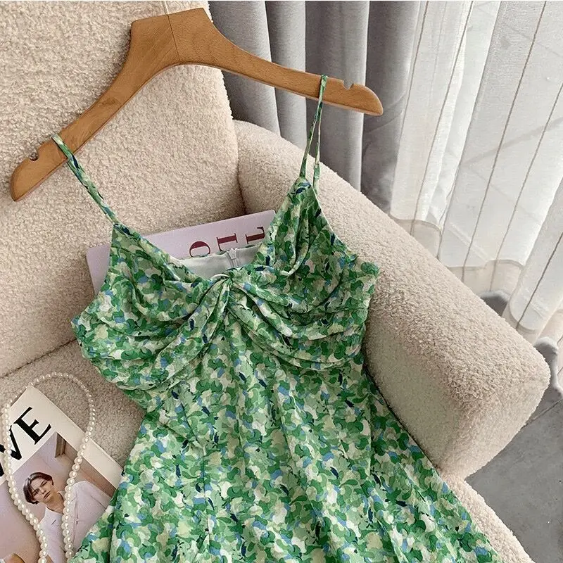 New Women Chiffon Green Fresh Floral Print Dress Summer Sexy V-Neck Elegant Ruffles Long Dress Slim Chic Temperament Vestidos