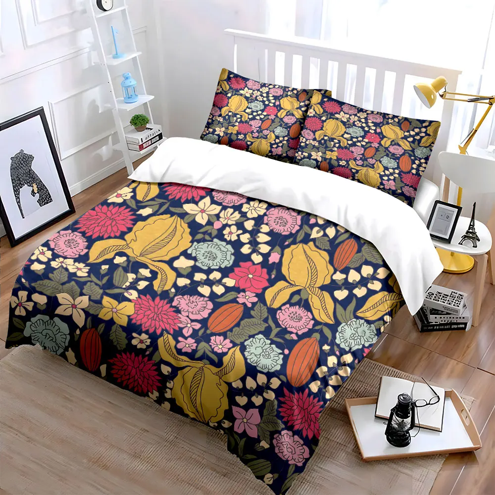 Colorful floral and leaf Pattern Duvet Cover Set Digital Print Colorful Polyester Bedding with Zipper Closur for kids gifts