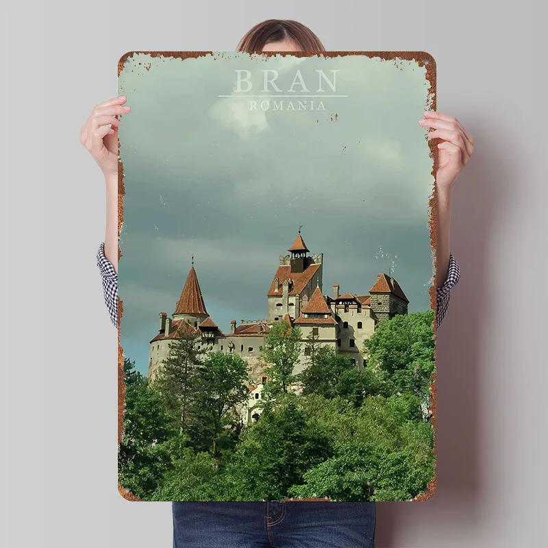 Romania Bran Castle Tin Plaque Poster Customized Wall Art Retro Vintage Metal Signs for Room Decoration Home Decorations House