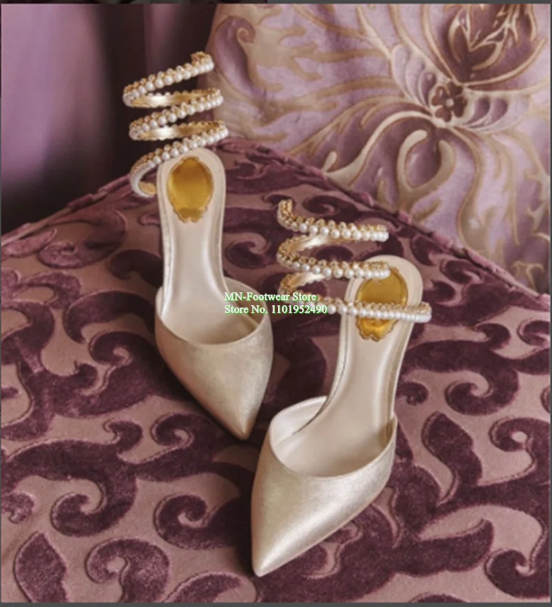 

New Women Shoes Golden Snake-like Ankle Straps Pearl Embellished Pumps Stiletto Shimmering Pearl Rhinestone Sandals High Heels