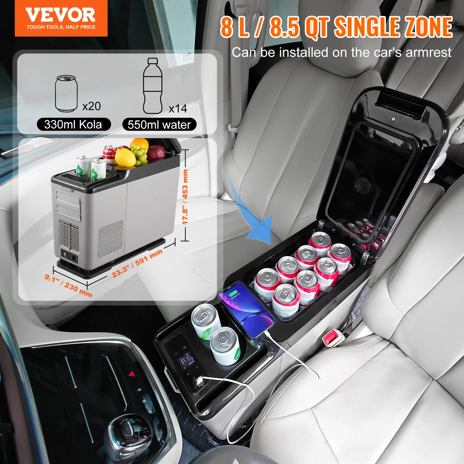 VEVOR Car RefrigeratorCar Armrest Refrigerator Fridge 15 L Single Zone Freezer -4℉-68℉ Adjustable Range 12/24V DC and  Cooler