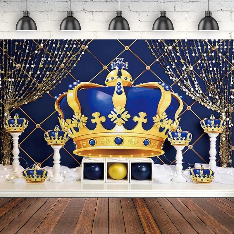 Photography Backdrop Royal Blue Crown Golden Curtain Little Prince Boy Birthday Party Poster Decoration Photo Background Banner