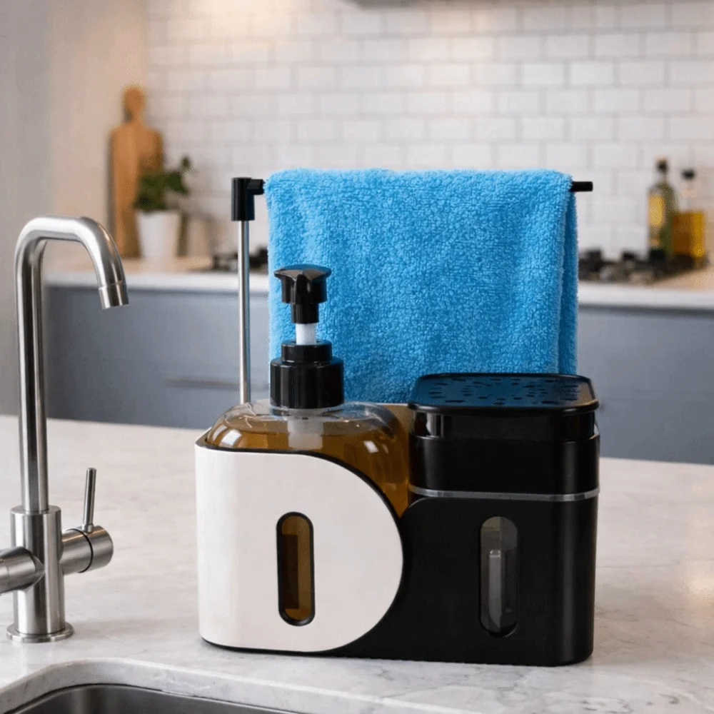 

Plastic Hand and Dish Soap Dispenser Set with Sponge Holder Rag Holder Dual Soap Dispenser Refillable Press Soap Dispenser