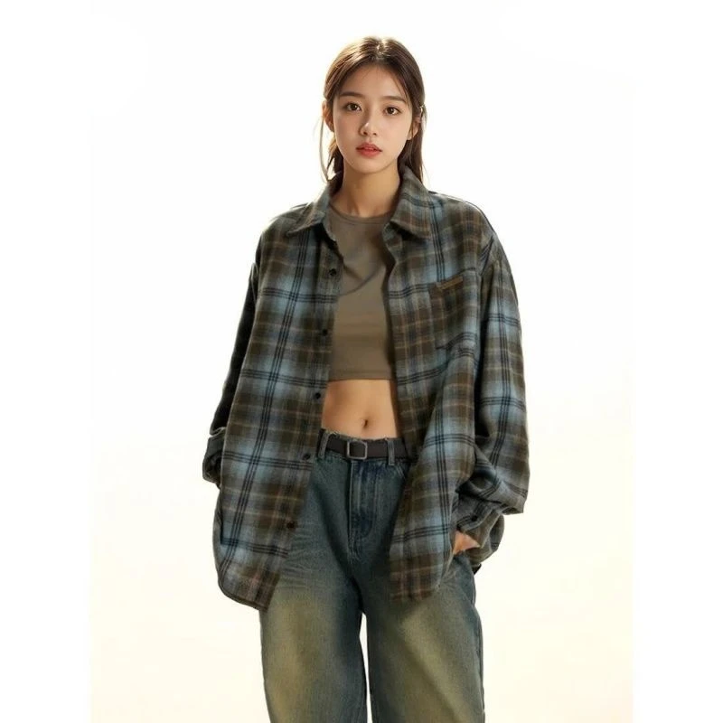 DAYIFUN-French Vintage Plaid Shirt,Girl Spring/Summer/Autumn,Casual,Loose,Lady's High Street Top,Long Sleeve,Lapel Collar Blusas