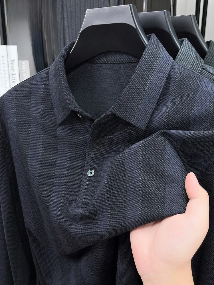 

Мужская длинная футболка Lormen: повседневная, в полоску, с воротником, модная, для весны и осени, высококачественная, деловая, повседневная