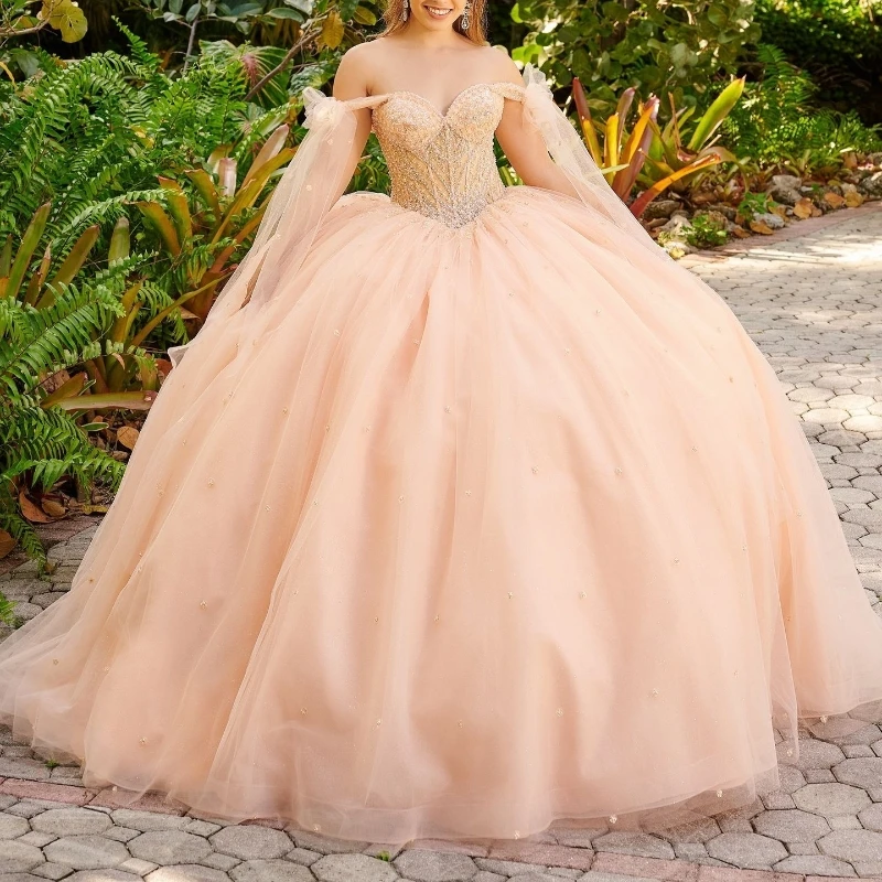 

Pink Quinceanera Dresses Off The Shoulder Mexican Vestidos De 15 Beads Tull Princess Sweet 16 Dress Birthday XV Ball Gown Cinde