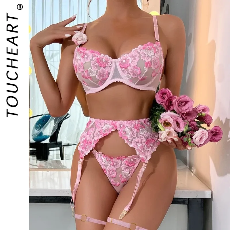 

Toucheart 3 Piece Set Sexy Lingerie Set For Women Flower Embroidery Perspective Bra Set Lace Floral Sexy Briefs Underwear Suit