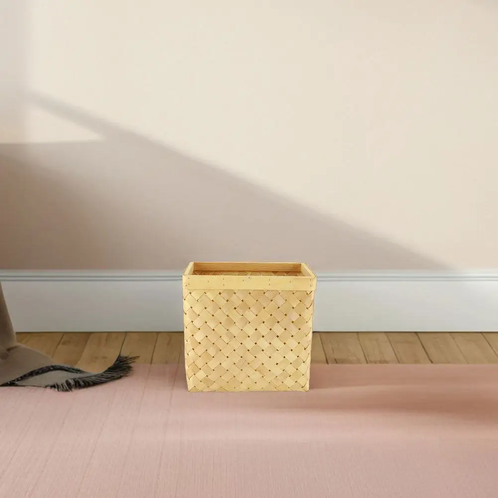 Woven Vintage Trash Can Japanese Style Decorative Waste Bin Beige Organizing Box for Living Room Bedroom Office