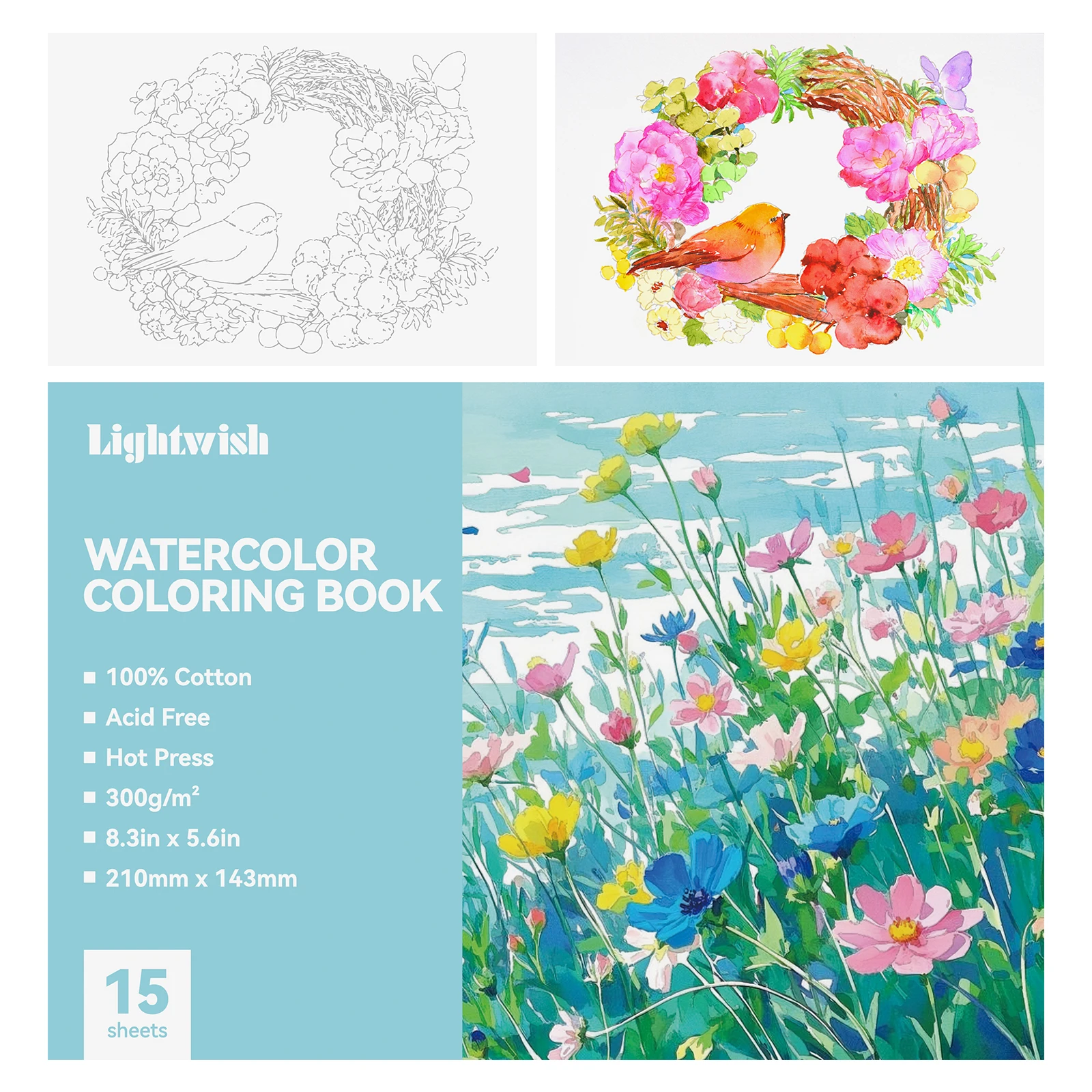 Lightwish Watercolor Coloring Book 15 Sheets | 100% Cotton 300g Acid-Free | 8.3