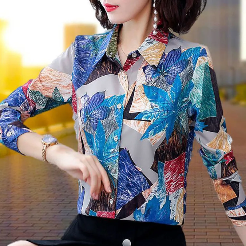 Women Korean Fashion Elegant Print Lapel Button Shirts Spring Autumn Business Casual Office Lady Blouses Female Long Sleeve Tops