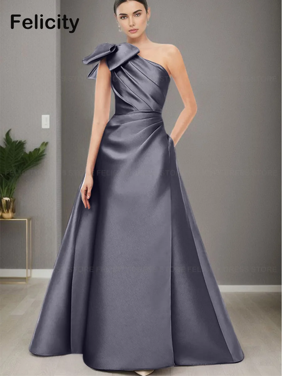 Elegant Mother of the Bride Dresses 2023 A-line One-Shoulder Satin Bow Floor-Length Wedding Guest Dresses فستان حفلات الزفاف