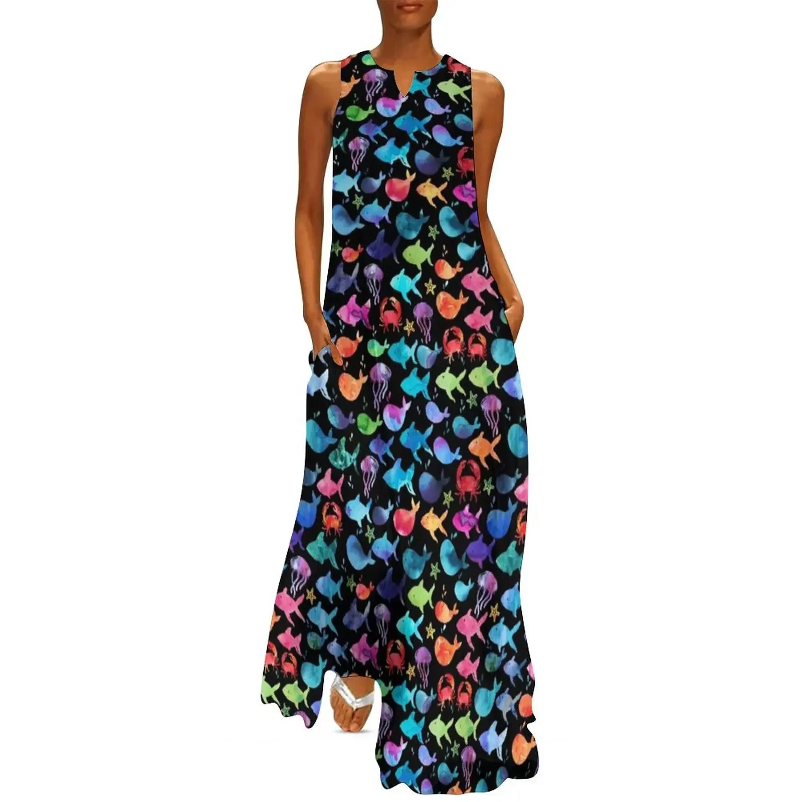 

Rainbow Watercolor Under the Sea Ocean Fish Black Long Dress dress women summer Dress